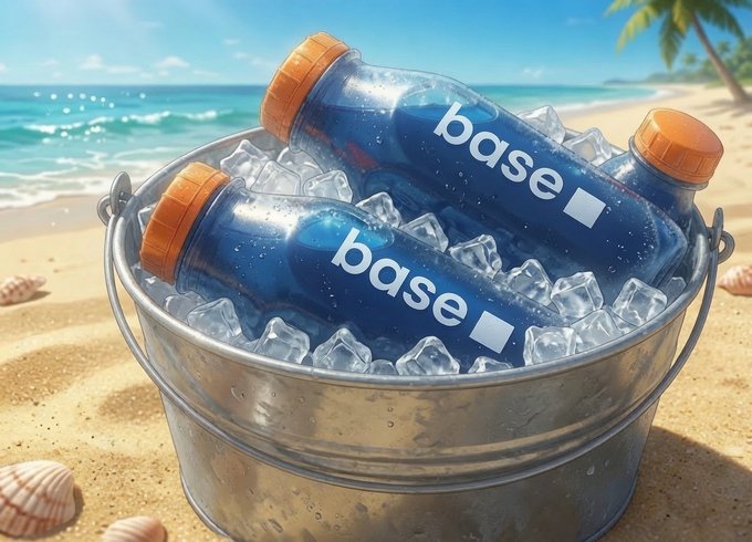 An AI-generated beach scene shows a metal bucket filled with ice and blue bottles labeled 'base' on a sandy shore with seashells and palm trees.