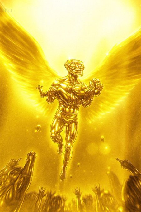The image features a man with wings, possibly a superhero or a character from a comic book series, flying through a crowd of people who are looking up at him. The man has his arms outstretched as if he's about to take flight. The background is filled with bright yellow light that illuminates the scene and makes it appear as though the man is soaring above the crowd. The caption "The golden memecoin supercycle led by $Troll" suggests a connection between the image and a popular comic book series or movie franchise, where the character Troll is known for his supercyclical powers of time travel.