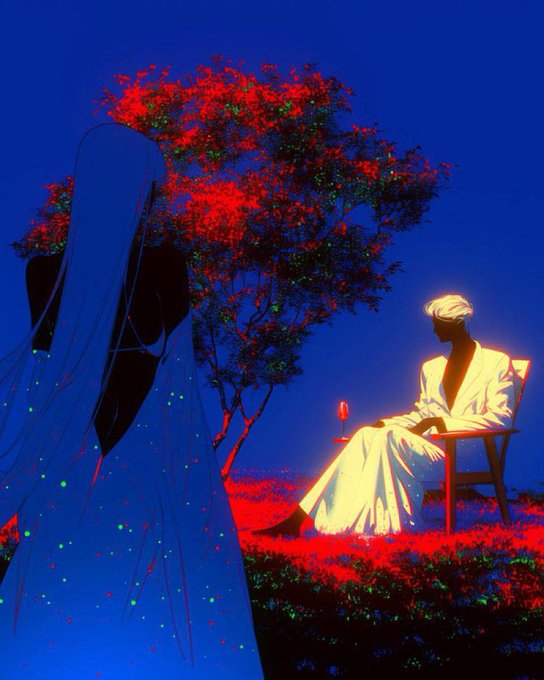 An anime-style digital illustration of a girl with long blue hair standing before a glowing figure in white seated on a chair, with a vibrant red tree against a deep blue sky.