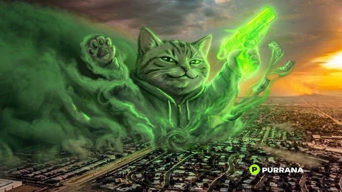 This image features a cat character, infused with green energy, holding a glowing gun and wads of cash over a city landscape, visually representing the "Purrana" giveaway. The Purrana logo is visible at the bottom right, directly linking the artwork to the accompanying post.