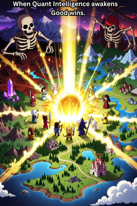 A pixel art fantasy scene shows warriors gathering around a glowing sphere as two giant skeletons loom above, with text reading 'When Qiant Intelligence awakens Good wins.'