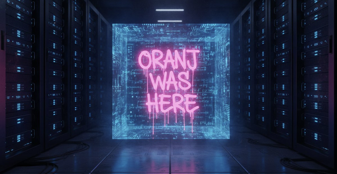 A neon message reading “ORANJI WAS HERE” glows inside a futuristic data-block display, flanked by server racks. It represents leaving a personal inscription on the Quip Network Genesis Block and joining the project’s “quantum revolution.”