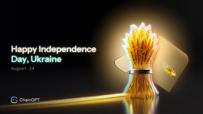 The image features a celebratory design with a golden wheat sheaf tied with a black ribbon, accompanied by a tan pouch, with the text "Happy Independence Day, Ukraine" and "August 24" alongside the ChainGPT logo. The imagery of wheat, a staple Ukrainian crop, symbolizes the nation's agricultural heritage and resilience, aligning with ChainGPT's message of solidarity with Ukrainian developers, designers, and founders in the tech industry on their Independence Day.