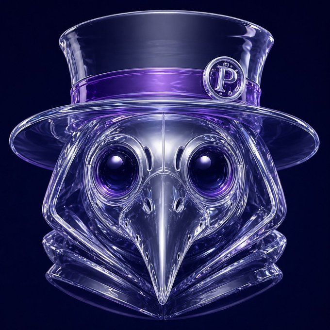 A transparent purple-tinted plague doctor mask with a top hat featuring a "P" emblem is displayed against a dark background, visually representing the "PLAGORIUM" brand from the hashtags. The striking imagery reinforces the crypto/Web3 marketing themes of building a distinctive, memorable identity rather than following trends.
