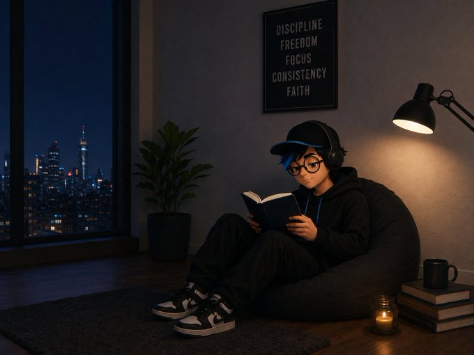 A 3D-rendered scene of a blue-haired anime-style character wearing a black hoodie, glasses, and headphones, reading a book on a beanbag chair in a dark room with a city skyline view and a framed poster listing 'DISCIPLINE, FREEDOM, FOCUS, CONSISTENCY, FAITH'.
