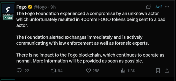 A tweet from Fogo (@fogo) announcing that 400mm FOGO tokens were compromised and sent to a bad actor, though the blockchain remains unaffected.