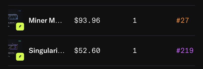 A trading interface listing two assets with a Lightning Network logo: 'Miner M...' at $93.96 (#27) and 'Singulari...' at $52.60 (#219), each with quantity 1.