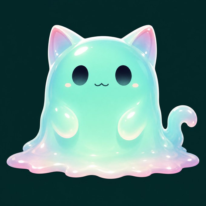 An illustration of a translucent, pastel-colored, cat-like ghost creature with a small smile against a dark teal background.