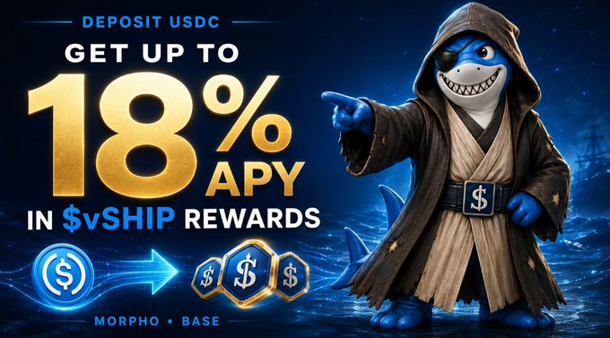 The image is a promotional graphic featuring a cartoon shark dressed as a Jedi with "$" on its belt buckle, advertising a deposit offer: "DEPOSIT USDC, GET UP TO 18% APY IN $vSHIP REWARDS" via Morpho on Base, with a USDC-to-rewards arrow graphic. It complements the post by illustrating the Jedi-themed SeaVerity ($vSHIP) rewards program where users can earn up to 18% APY in $vSHIP tokens by depositing USDC on Morpho, keeping their principal working while gaining exposure to $vSHIP through the yield rewards.