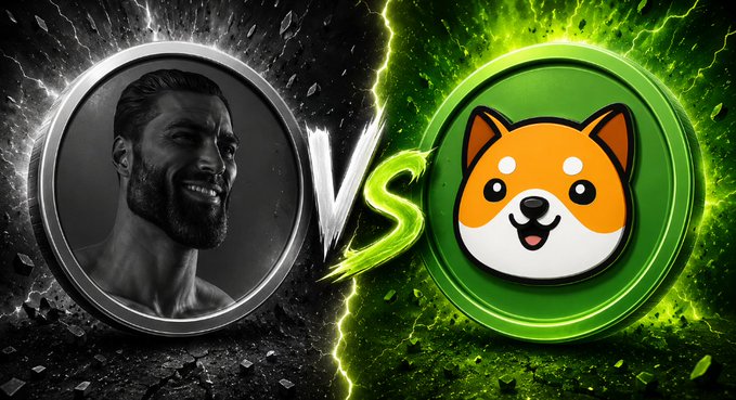 A dramatic versus-style graphic featuring a silver coin on the left displaying a smiling bearded man ($GIGA) battling against a glowing green coin on the right featuring a cartoon Shiba Inu dog face ($BABYDOGE), with a stylized "VS" and electric green energy separating the two combatants—directly visualizing the post's question asking which memecoin viewers are more bullish on.