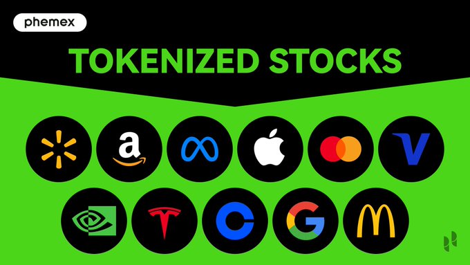 A Phemex promotional banner reading 'TOKENIZED STOCKS', displaying logos of major companies including Walmart, Amazon, Meta, Apple, Mastercard, Visa, NVIDIA, Tesla, Coinbase, Google, and McDonald's.