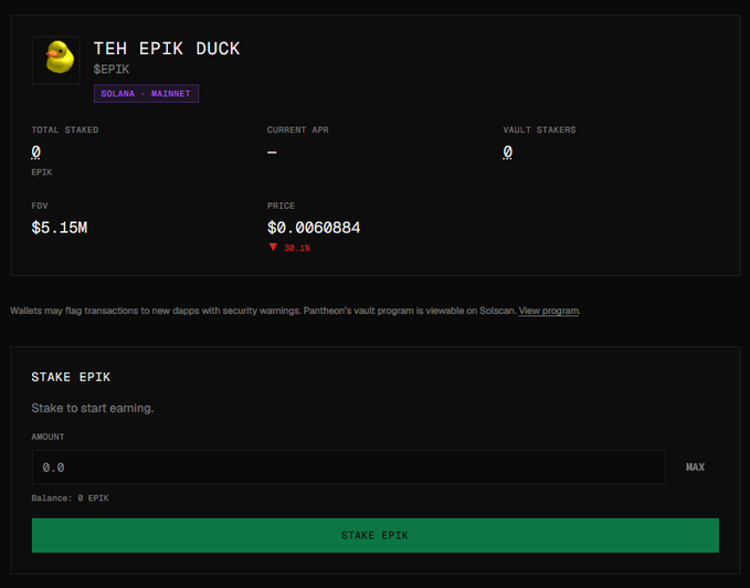 The image shows a staking interface for $EPIK (Teh Epik Duck) on Solana Mainnet via Pantheon, displaying $0 total staked, $5.15M FDV, and a current price of $0.0060884 (down 30.1%), with a "Stake EPIK" option to begin earning. This aligns with the announcement of $EPIK staking now being live on @pantheonvaults, encouraging users to stake before September 1st for airdrop eligibility despite the 6-month lockup and 10% penalty for early unstaking.