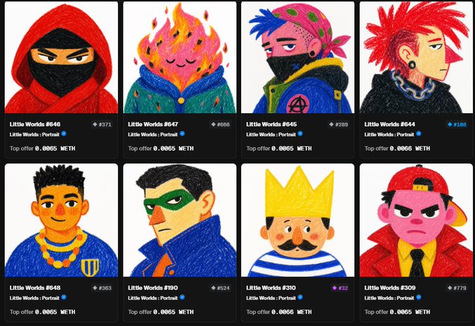 A screenshot of a digital collectibles marketplace displaying eight 'Little Worlds' portrait NFTs for sale, with prices listed in ETH and offers in METH, featuring various illustrated character avatars.