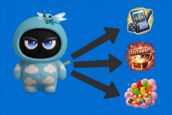 A graphic showing a blue cloud-patterned character (Zomio) with a small dragonfly on its head, with three black arrows pointing to icons representing an audio recording app, a treasure chest 'GIVEAWAY', and a pile of gummy bears.