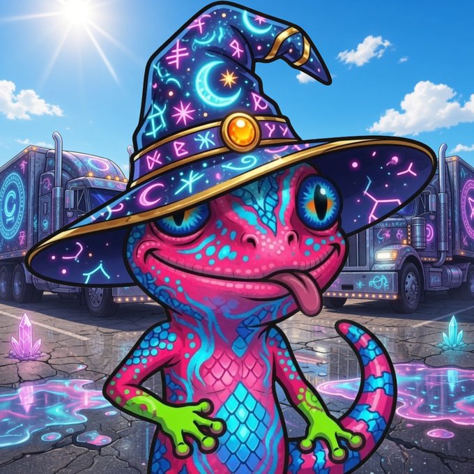A vibrant digital illustration of a pink and blue chameleon wearing a magical wizard hat adorned with runes and moons, set against a backdrop of trucks.