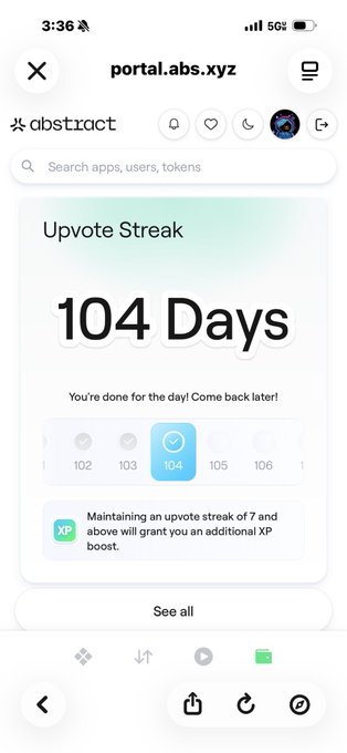 The image shows a phone screen with a message from an abstract chain user, stating that they have been awarded 104 days of excellence for their work. The user has also received a "WhenNewBadge" badge, indicating their achievement. The background color is white, and there are two thumbs up icons in the bottom right corner.