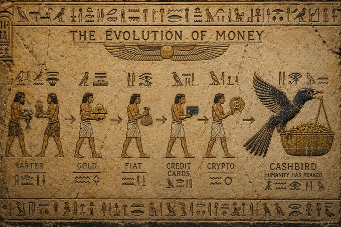 An illustrated chart titled 'THE EVOLUTION OF MONEY' in an Egyptian hieroglyphic style, showing progression from Barter to Gold, Fiat, Credit Cards, Crypto, and finally 'Cashbird' captioned 'HUMANITY HAS PEAKED'.