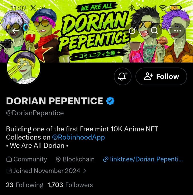 A Twitter/X profile for 'DORIAN PEPENTICE' (@DorianPepentice), a verified account promoting a 10K Anime NFT collection on Robinhood.