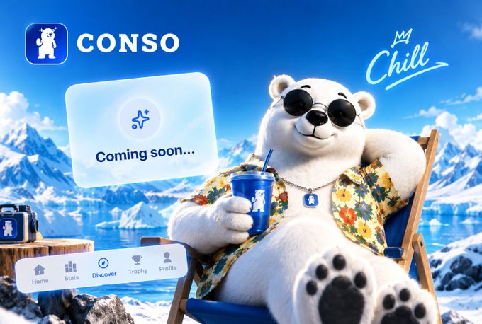 A promotional graphic for "CONSO" featuring a white polar bear wearing sunglasses and a Hawaiian shirt, relaxing on a beach chair in a snowy mountain landscape while holding a drink, with "Chill" written in script and a "Coming soon..." message displayed.