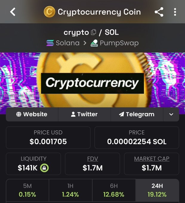 A mobile screenshot of a "Cryptocurrency Coin" token on the Solana PumpSwap DEX shows an extremely low price of $0.001705 with only $141K liquidity and a $1.7M market cap, with suspiciously steady small gains of 0.15% (5M), 1.24% (1H), 12.68% (6H), and 19.12% (24H) — patterns consistent with the "honeypot" warning, as artificially smooth price action on a low-liquidity token often signals manipulation preventing real sell-offs.