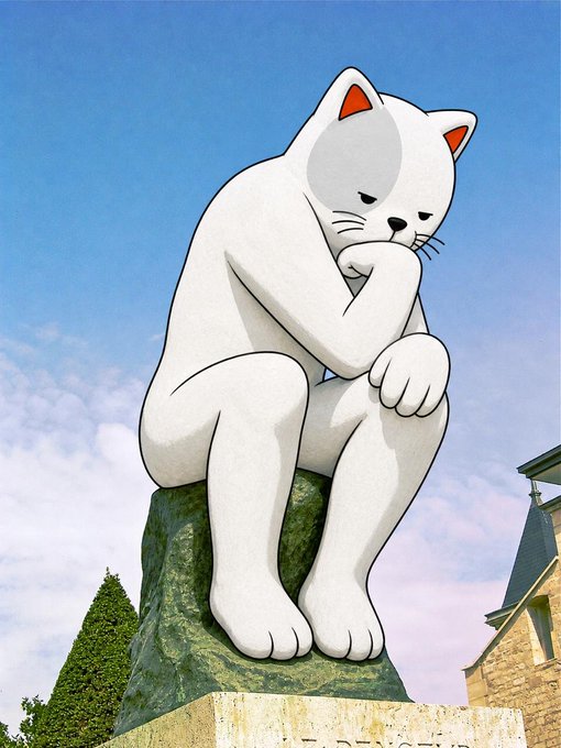 An illustration of a large white cat sitting on a rock pedestal, posed in a contemplative, thinker-like stance against a blue sky.
