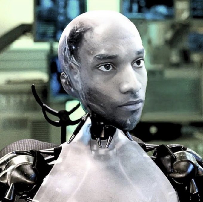 Meme-style photo of Kobe Bryant's face edited onto a metallic robot/android body with exposed mechanical neck components.