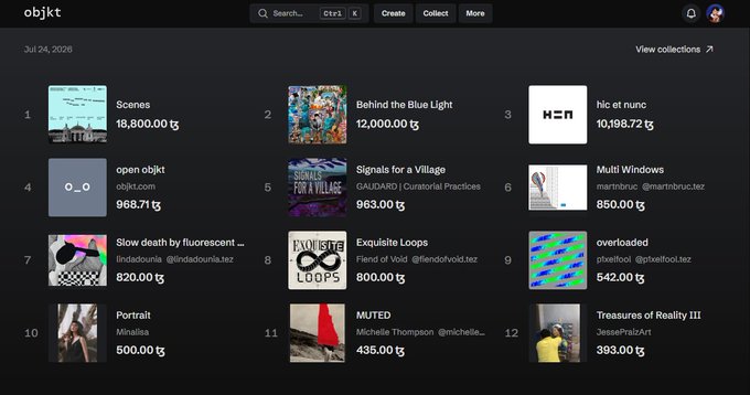 A digital NFT marketplace gallery page titled 'objkt' dated Jul 24, 2026, displaying various art collections with prices listed in Tezos (tz) currency, including works titled 'Scenes,' 'Behind the Blue Light,' and 'hic et nunc.'