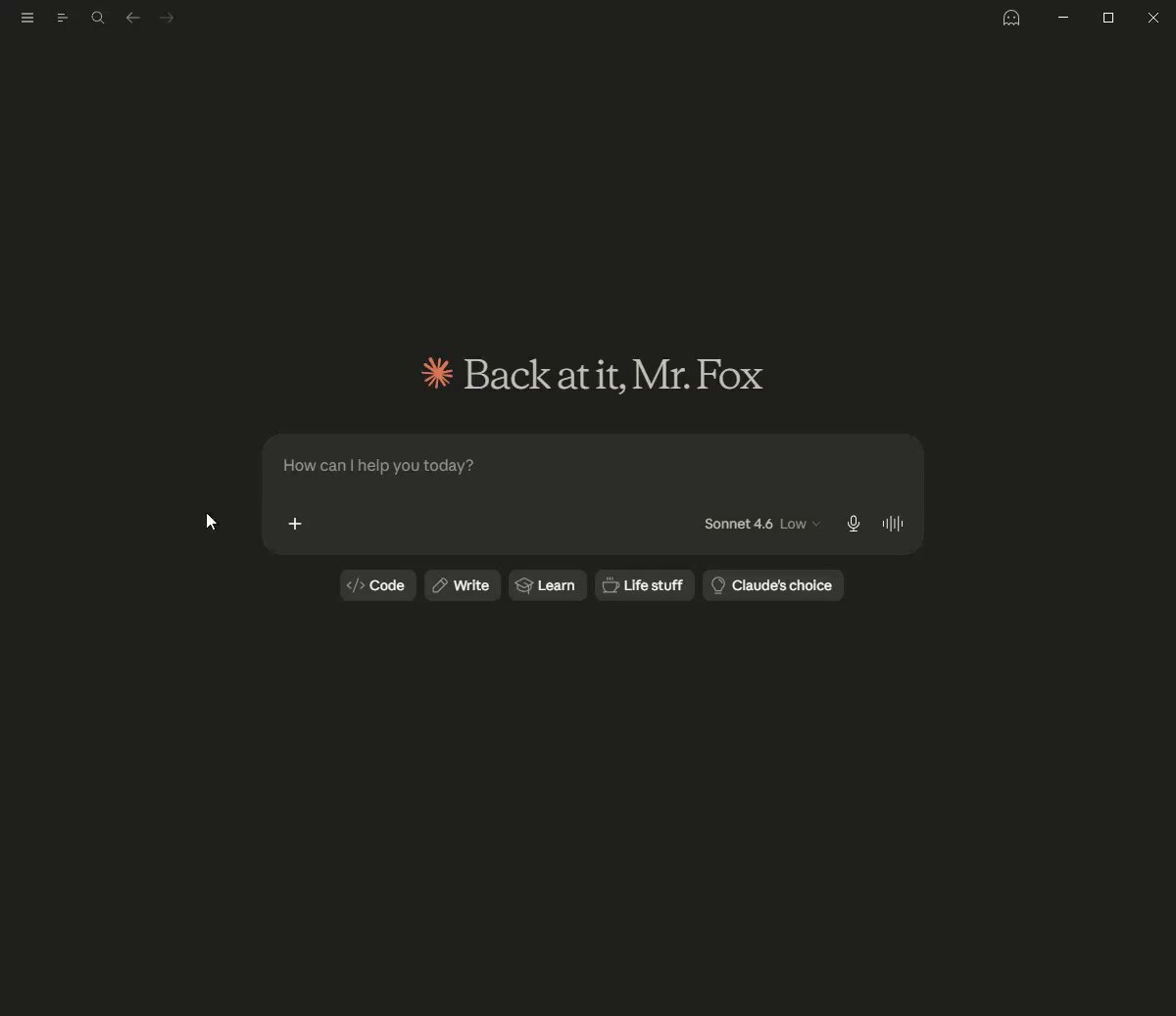 The image shows a computer screen with a search bar at the bottom, displaying "Back at It Mr Fox" as the search term. The background of the image is black, which contrasts with the white text displayed below the search bar. Below the search bar, there are several options for what to do next or how to proceed, such as "How can I help you?".