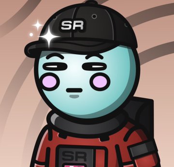 A cartoon-style character wearing a black cap with 'SR' lettering and a red jacket with 'SR' badge, featuring light blue skin and large pink eyes with a sparkle effect.