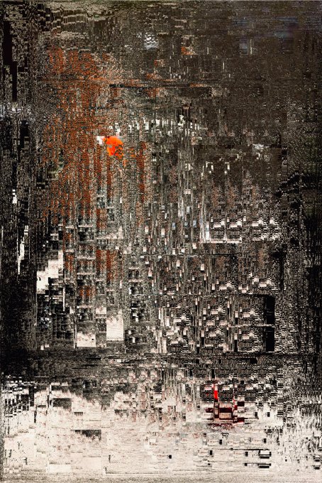 An abstract monochromatic cityscape artwork in black, white, and rust tones, depicting a dense urban scene with a small figure in red at the bottom center.