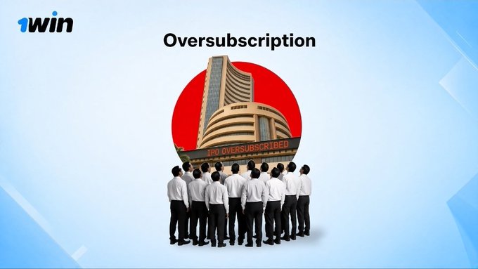 An infographic titled 'Oversubscription' with the '1win' logo shows a crowd of businessmen looking up at a building marked 'IPO OVERSUBSCRIBED'.