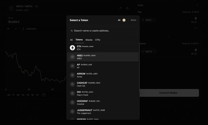 A cryptocurrency trading platform's "Select a Token" modal is open, showing token listings filtered under different tabs (All, Tokens, Stocks, ETFs), with visible entries like ETH, 4663, AP, ARROW, CASHCAT, DH, HOODRAT, JUGGERNAUT, and MADMAN. The post explains that toggling between "All" and other filters reveals different token sets, including many low market-cap meme coins on this RWA platform integrated with the Robinhood ecosystem.