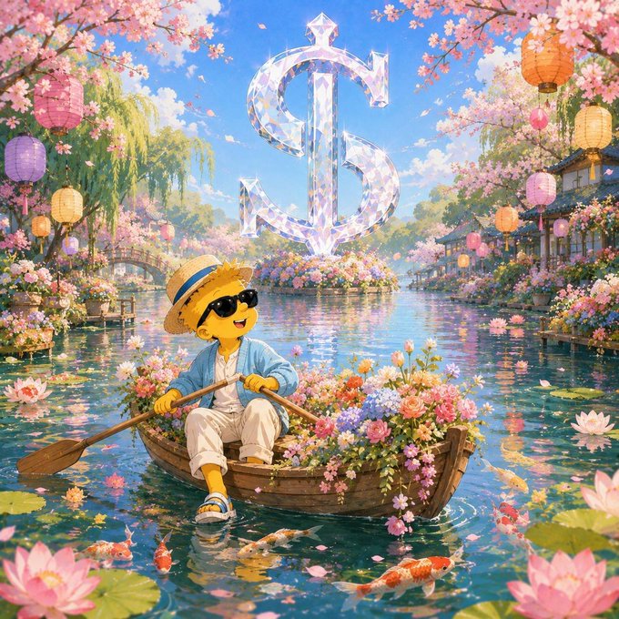 A digital illustration shows a yellow smiley mascot in sunglasses and a straw hat rowing a flower-filled boat on a pond, with a crystal dollar sign ($) hovering above.