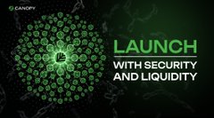A dark green promotional graphic with a glowing green geometric sphere and the text 'LAUNCH WITH SECURITY AND LIQUIDITY' alongside a 'CANDY' logo.