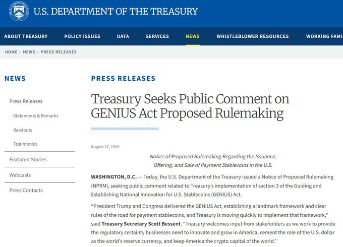 Screenshot of a U.S. Department of the Treasury press release titled 'Treasury Seeks Public Comment on GENIUS Act Proposed Rulemaking,' dated August 17, 2026, featuring a statement from Treasury Secretary Scott Bessent.