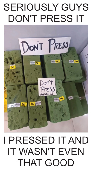 A meme showing green sponges labeled with handwritten 'Don't Press' signs, with text reading: 'SERIOUSLY GUYS DON'T PRESS IT' and 'I PRESSED IT AND IT WASN'T EVEN THAT GOOD.'