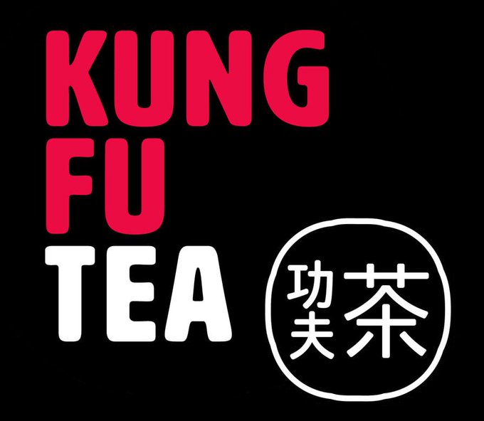 Kung Fu Tea logo on a black background with 'KUNG FU' in red letters, 'TEA' in white letters, and a circular white emblem containing the Chinese characters 功夫茶.