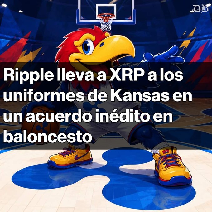 An illustration of the Kansas Jayhawks mascot on a basketball court with the Spanish headline 'Ripple lleva a XRP a los uniformes de Kansas en un acuerdo inédito en baloncesto' and an 'XRP' logo in the top right corner.