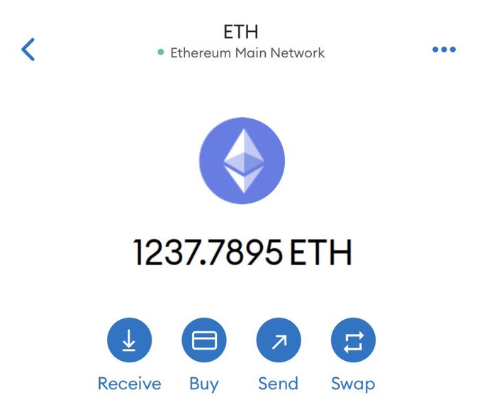 A Trust Wallet screenshot displaying an Ethereum Main Network balance of 1237.7895 ETH, reinforcing the hypothetical scenario of receiving a massive accidental $2 million ETH transfer. The image shows wallet functions (Receive, Buy, Send, Swap) below the balance, setting up the question of what action to take first.