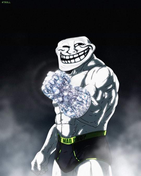 A muscular figure with the iconic "Trollface" grin and sparkling diamond gloves stands wearing black underwear labeled "MAD HUE," with "#TROLL" visible in the corner, visually reinforcing the post's message about $Troll's branding and IP rights in a market saturated with copies.