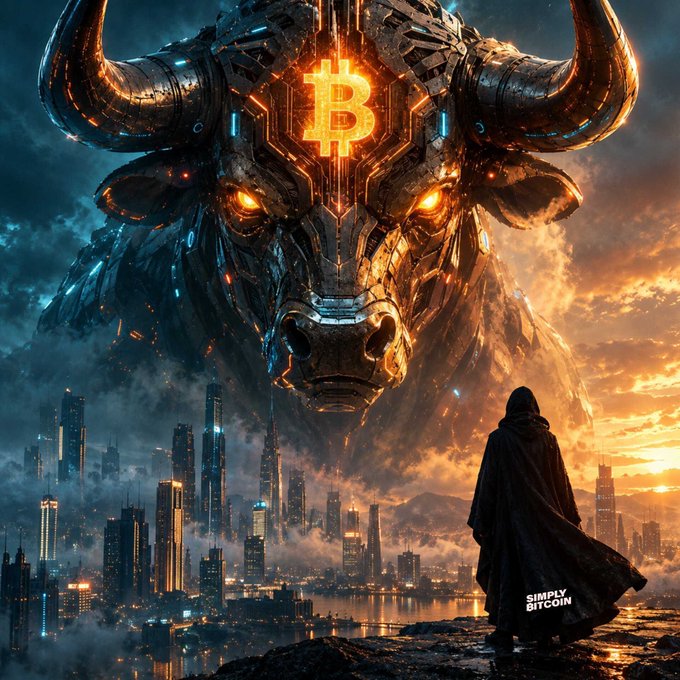 A dramatic digital artwork showing a giant mechanical bull with glowing eyes and a Bitcoin symbol on its forehead, towering over a futuristic city, with a cloaked figure standing in the foreground and 'SIMPLY BITCOIN' watermarked.