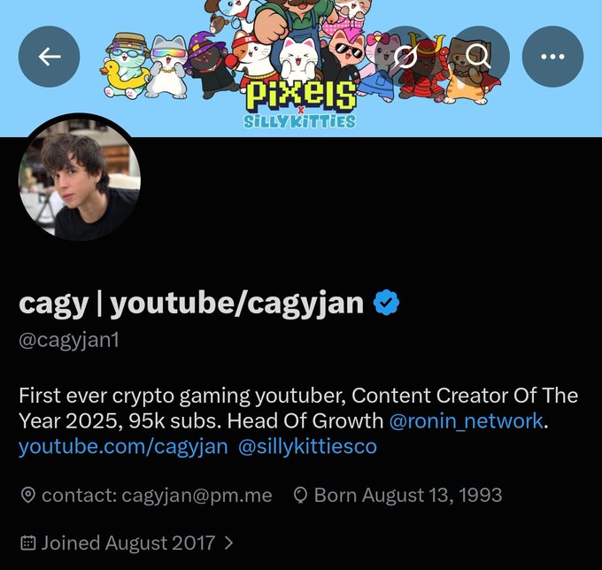 A Twitter/X profile for 'cagy | youtube/cagyjan' (@cagyjan1), self-described as 'First ever crypto gaming youtuber, Content Creator Of The Year 2025, 95k subs. Head Of Growth @ronin_network.'
