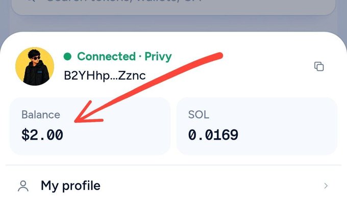 A cryptocurrency wallet interface showing 'Connected · Privy' with an address beginning 'B2YHhp...Zznc', a balance of $2.00 (0.0169 SOL), with a red arrow pointing to the balance.
