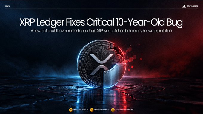 A news graphic titled 'XRP Ledger Fixes Critical 10-Year-Old Bug' with a subtitle 'A flaw that could have created spendable XRP was patched before any known exploitation', featuring a stylized XRP coin and the Crypto News branding.