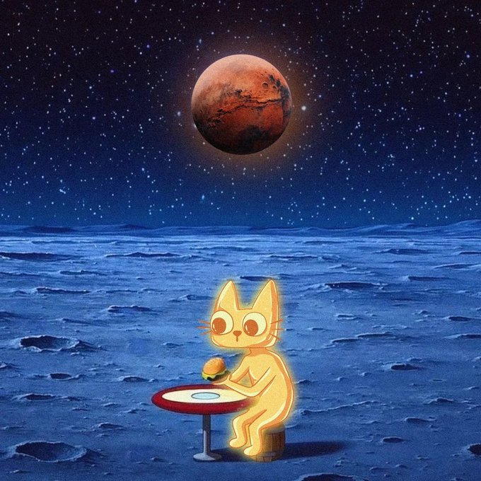 An illustration of a glowing yellow cartoon cat sitting at a small table on a textured alien landscape, holding a small burger, with a large reddish planet hanging in a starry night sky above.