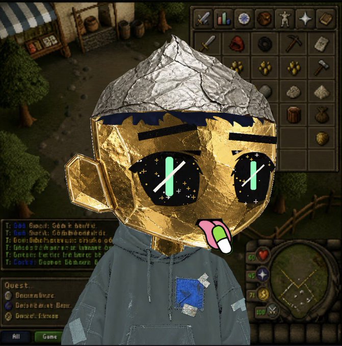 A digital avatar with a golden face, foil hat, and hoodie sticks out its tongue while overlaying a screenshot of the video game RuneScape, showing the inventory and chat interface.