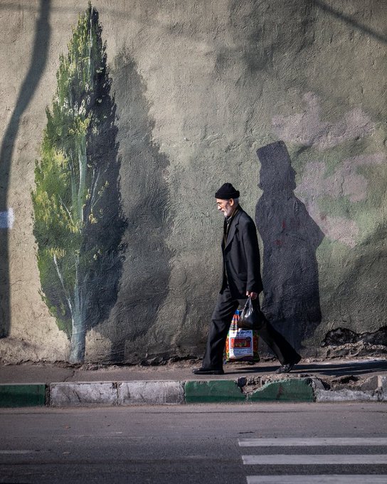 A street photograph of a man in a dark suit carrying a shopping bag, walking past a weathered wall with faded mural paintings of a tree and pink flowers.