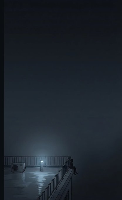 An anime-style illustration depicts a solitary figure sitting on the railing of a foggy rooftop at night, illuminated by a single light fixture near an air conditioning unit.