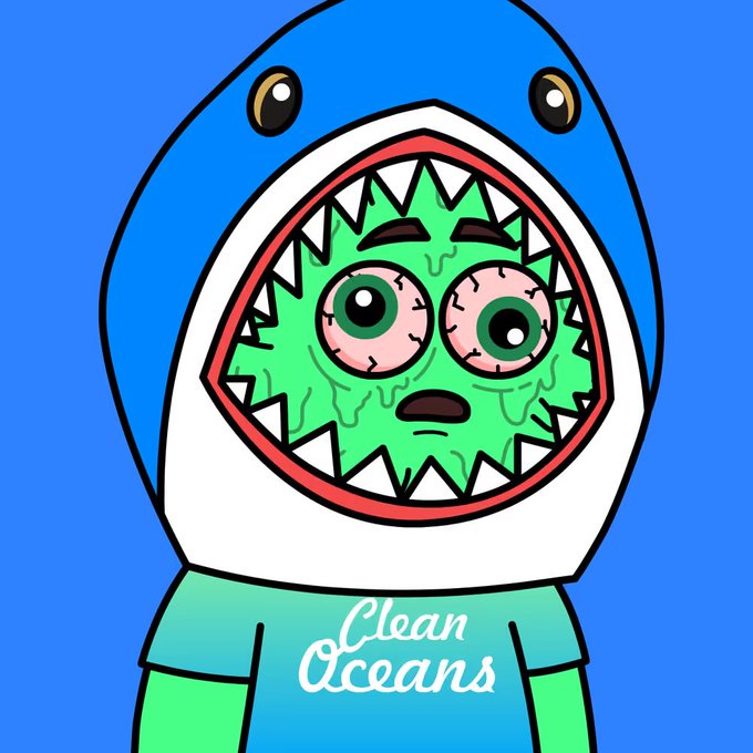 A cartoon character wearing a blue and white shark costume with a green, stitched-face creature inside its open mouth, featuring the text "Clean Oceans" on its shirt, matching the sold UrchinFrens NFT.