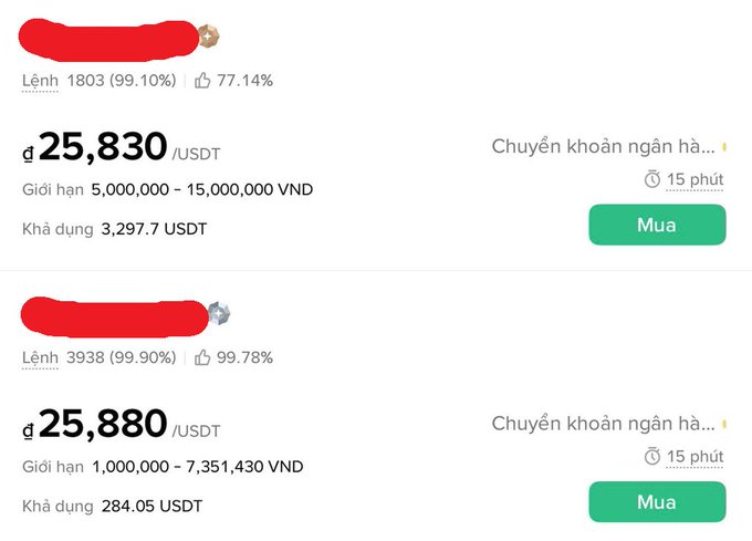 A screenshot of a Vietnamese cryptocurrency trading interface showing USDT listings priced at 25,830 and 25,880 VND, with 'Mua' (Buy) buttons and bank transfer options.